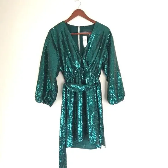 Anthropologie Green Metallic Lisabette Sequined Mini Dress NWT Size XS - Picture 7 of 9